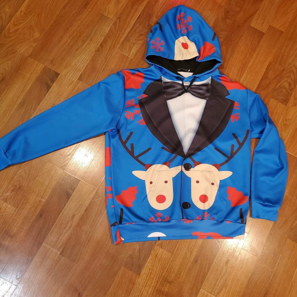 John Hancock Reindeer Christmas Hoodie Blue Men’s XL